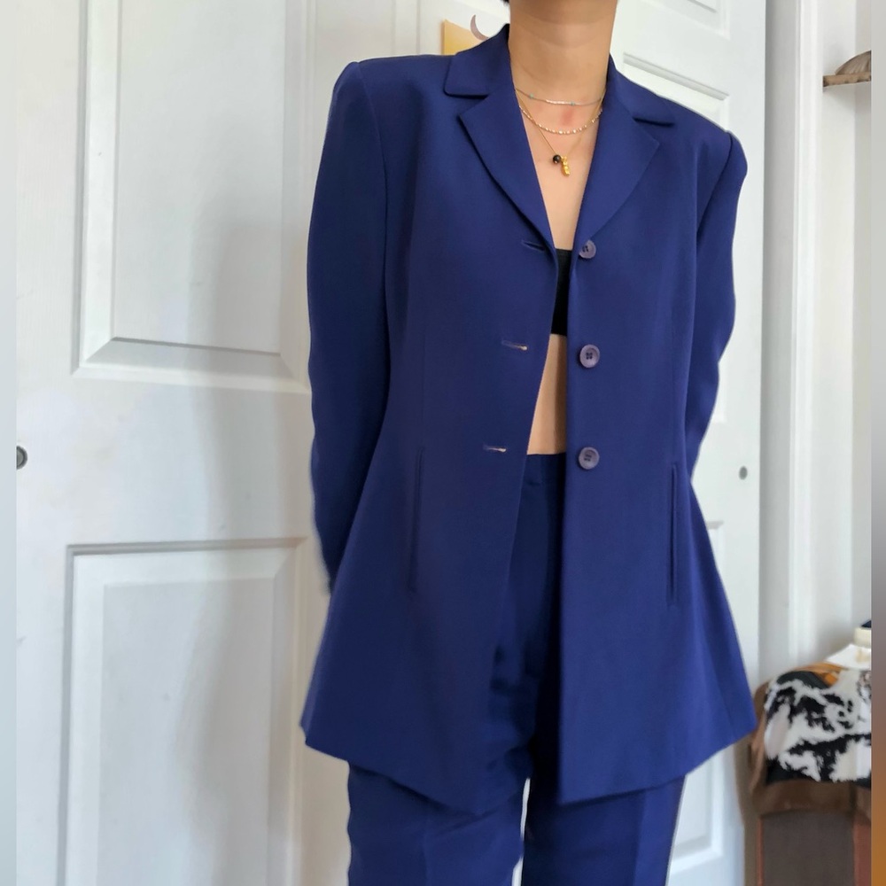 vintage silk pantsuit, Navy Blue silk Blazer and Pants 2pc set size 2p